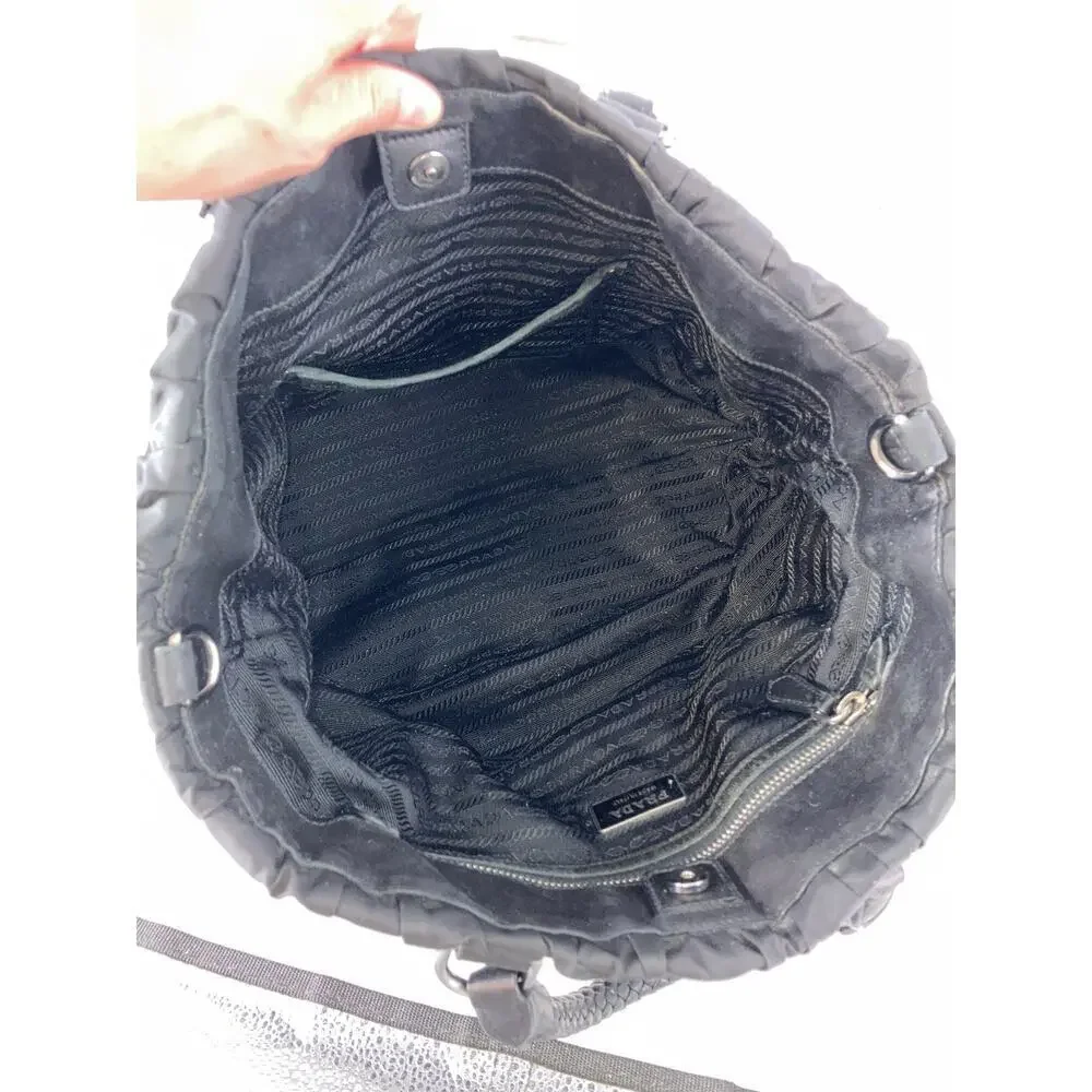 PRADA LARGE BLACK NYLON HANDBAG WITH BRAIDED LEATHER HANDLES - Picture 13 of 16